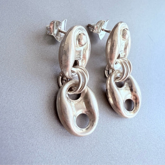 Puffy Mariner/ Coffee Bean Dangle Italian Earrings in Sterling Silver - Picture 2 of 7